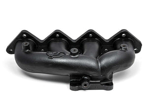 Black metal Mitsubishi Evo 9 exhaust manifold for a vehicle.