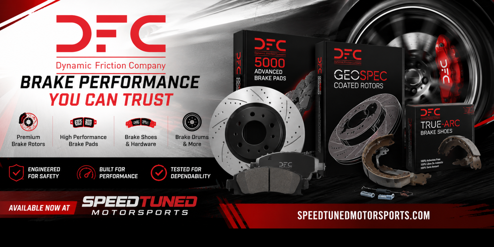 Dynamic Friction Company (DFC) performance brake banner featuring premium brake rotors, brake pads, coated rotors, brake shoes, and brake drums with Speed Tuned Motorsports branding and performance-themed automotive background.