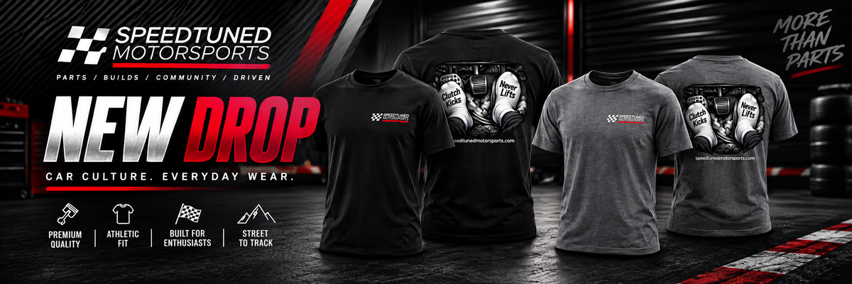 Speed Tuned Motorsports automotive enthusiast T-shirt collection featuring black and heather gray shirts with Clutch Kicks and Never Lifts racing pedal graphics. Premium motorsport apparel designed for car enthusiasts, streetwear, and track-day fans.