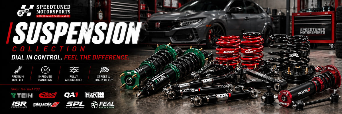 Speed Tuned Motorsports suspension collection featuring TEIN coilovers, Eibach lowering springs, Skunk2 Racing coilovers, SPL Suspension adjustable control arms, and QA1 suspension components for improved handling, ride quality, and street or track performance.