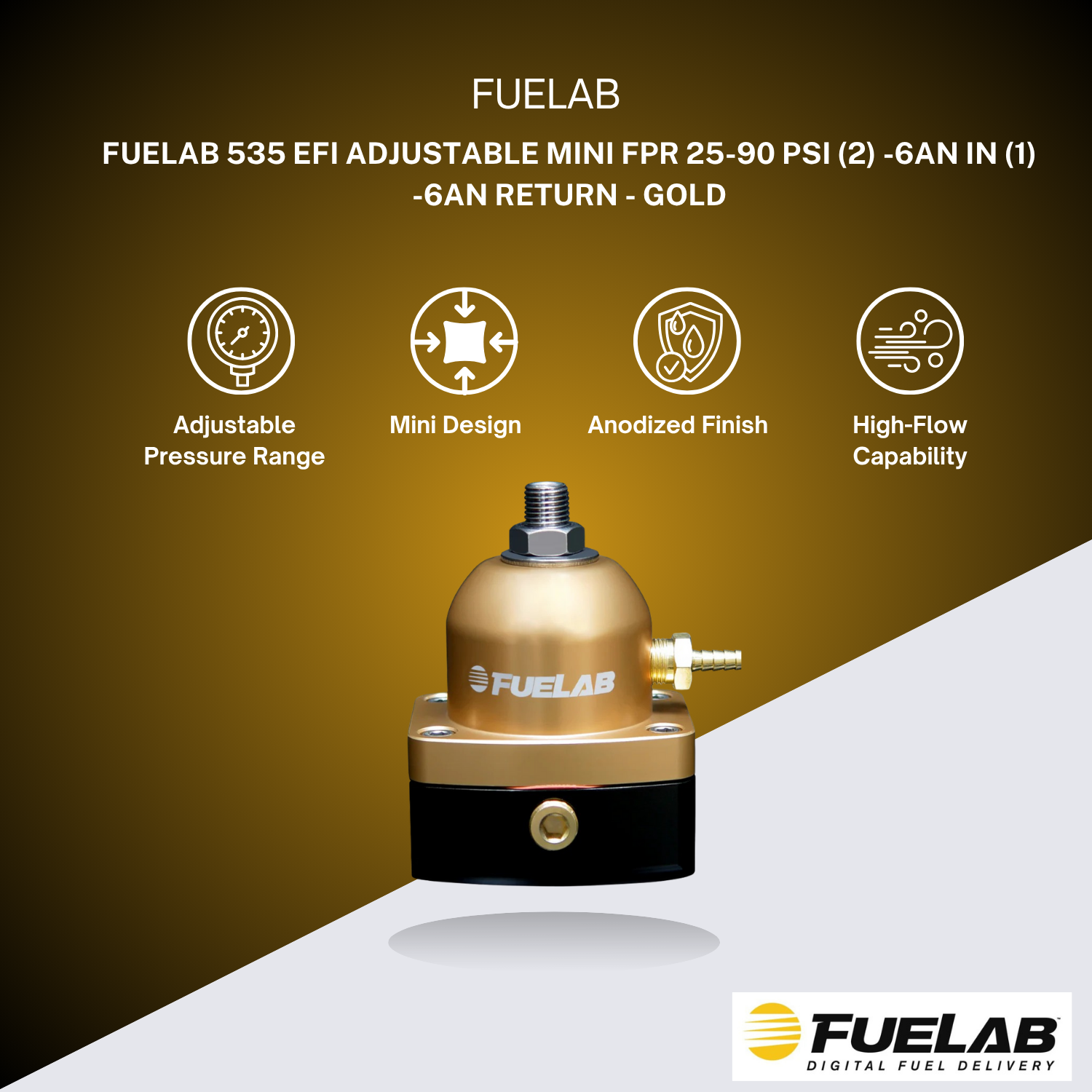 Fuelab 535 EFI Adjustable Mini FPR 25-90 PSI (2) -6AN In (1) -6AN Return - Gold