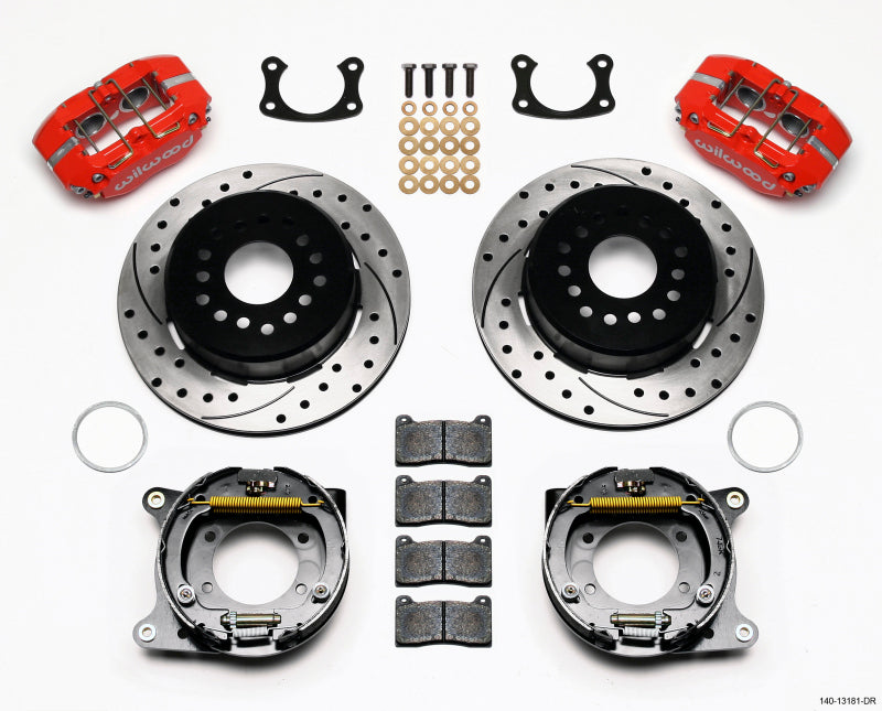 Wilwood Dynapro Lug Mount Rear Parking Brake Kit Parts Laid Out - Red Powder Coat Caliper - SRP Drilled & Slotted Rotor