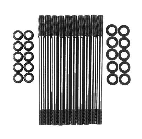 Set of black threaded rods with washers on a white background