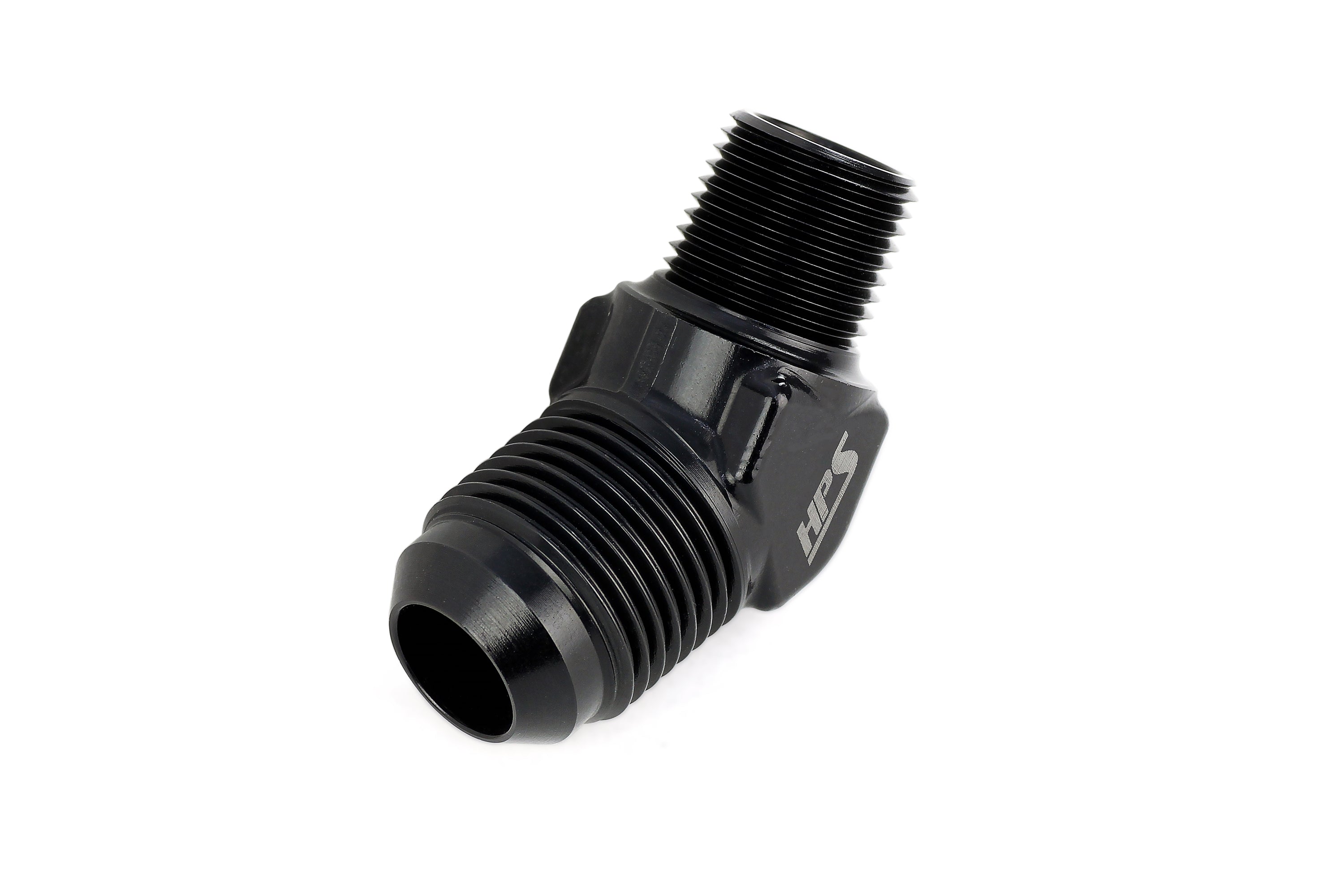 HPS Performance 45 Degree -8 AN Flare to 1/4" NPT Adapter, Aluminum, Black