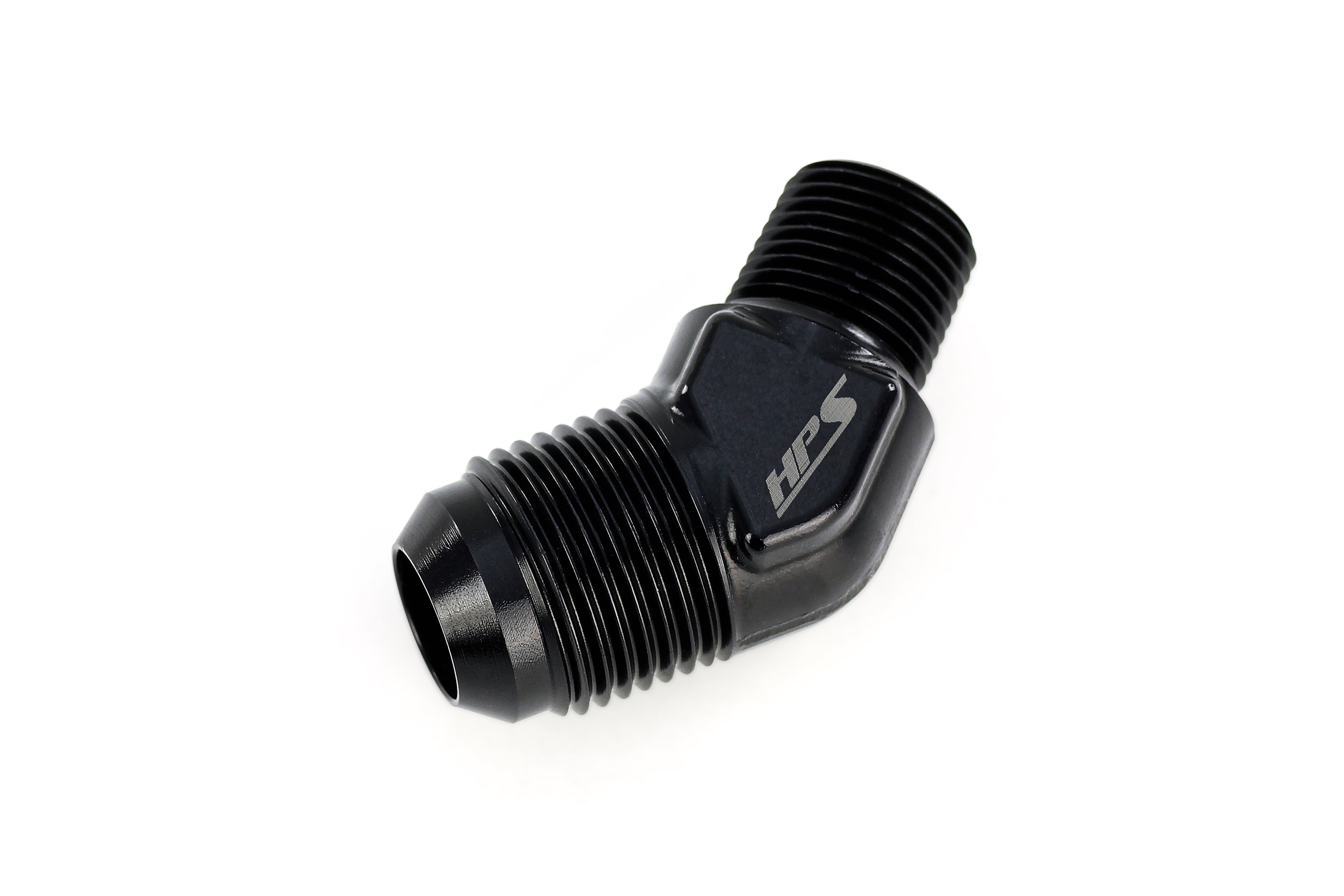 HPS Performance 45 Degree -8 AN Flare to 1/4" NPT Adapter, Aluminum, Black