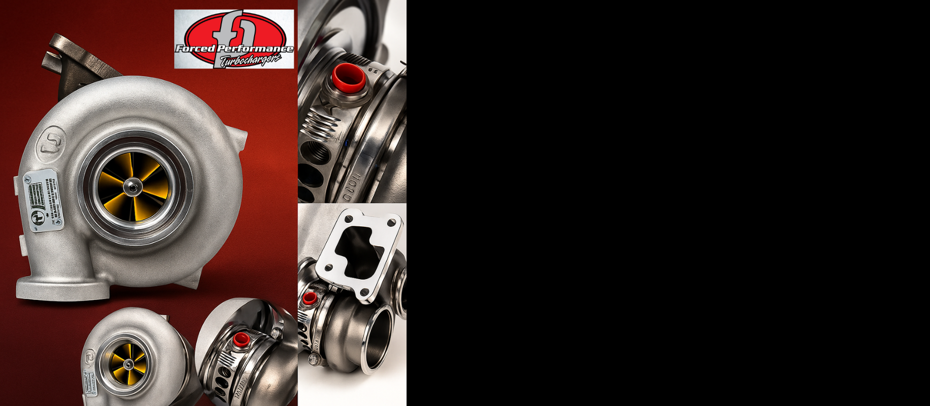 Forced Performance turbocharger collage on black background with logo and detailed views.