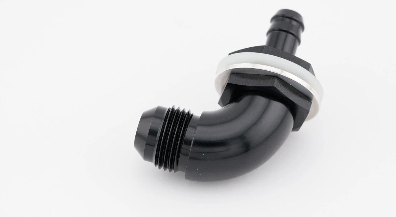 8AN to 3/8 Barb 90 degree bulkhead smooth flow