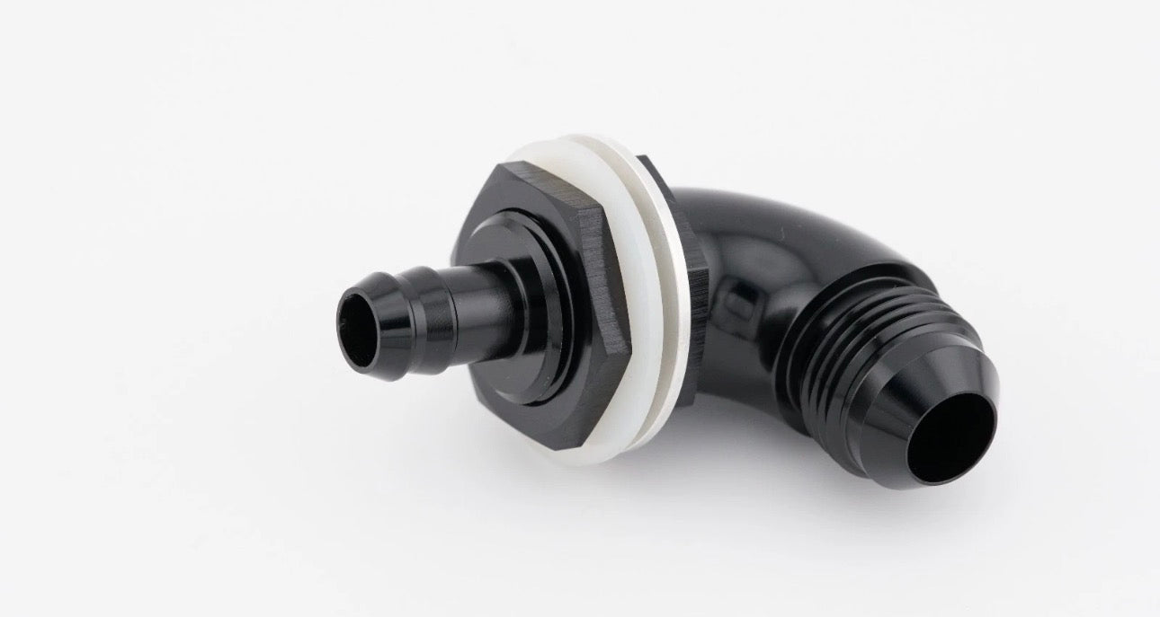 8AN to 3/8 Barb 90 degree bulkhead smooth flow