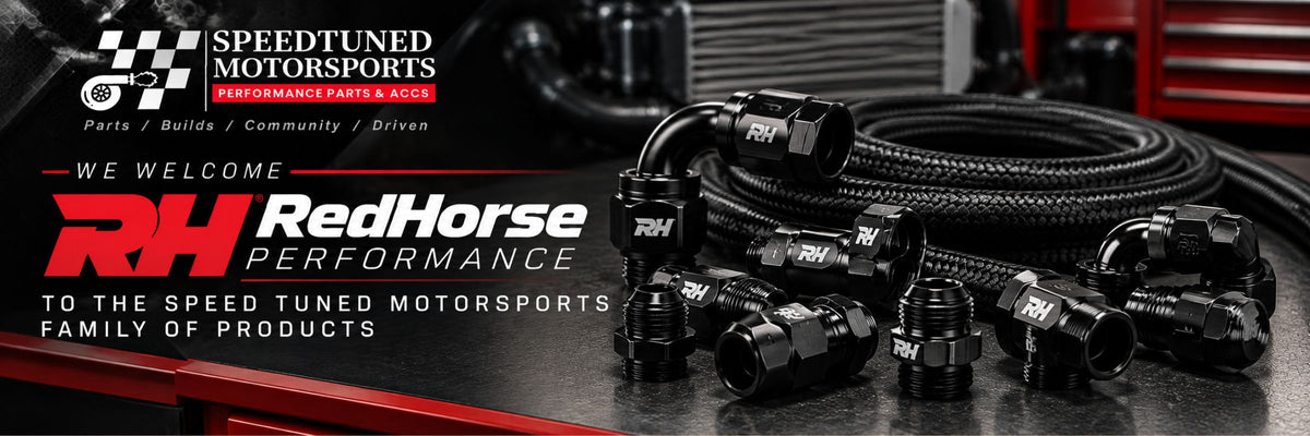 Speed Tuned Motorsports welcomes RedHorse Performance, featuring black anodized AN fittings, hose adapters, and braided performance hoses for automotive fuel, oil, and cooling systems.