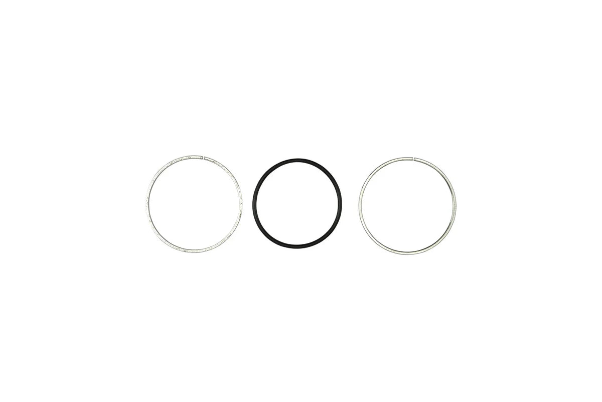 Three circular rings in silver and black on a white background