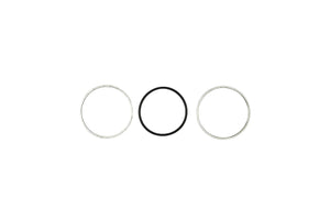 Three circular rings in silver and black on a white background