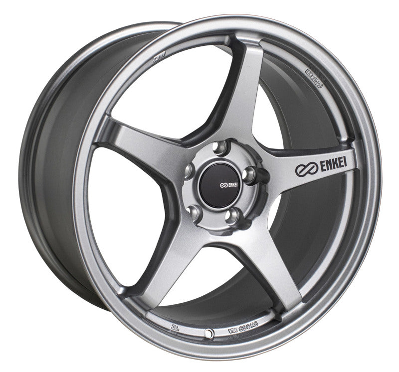 Enkei TS-5 18x8.5 storm grey alloy wheel with 5x108 bolt pattern, 40mm offset, and 72.6mm center bore, showcasing performance and refined design.